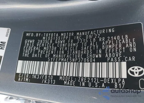 2022 Toyota Corolla Le from USA, damaged, VIN 5YFEPMAE5NP370604